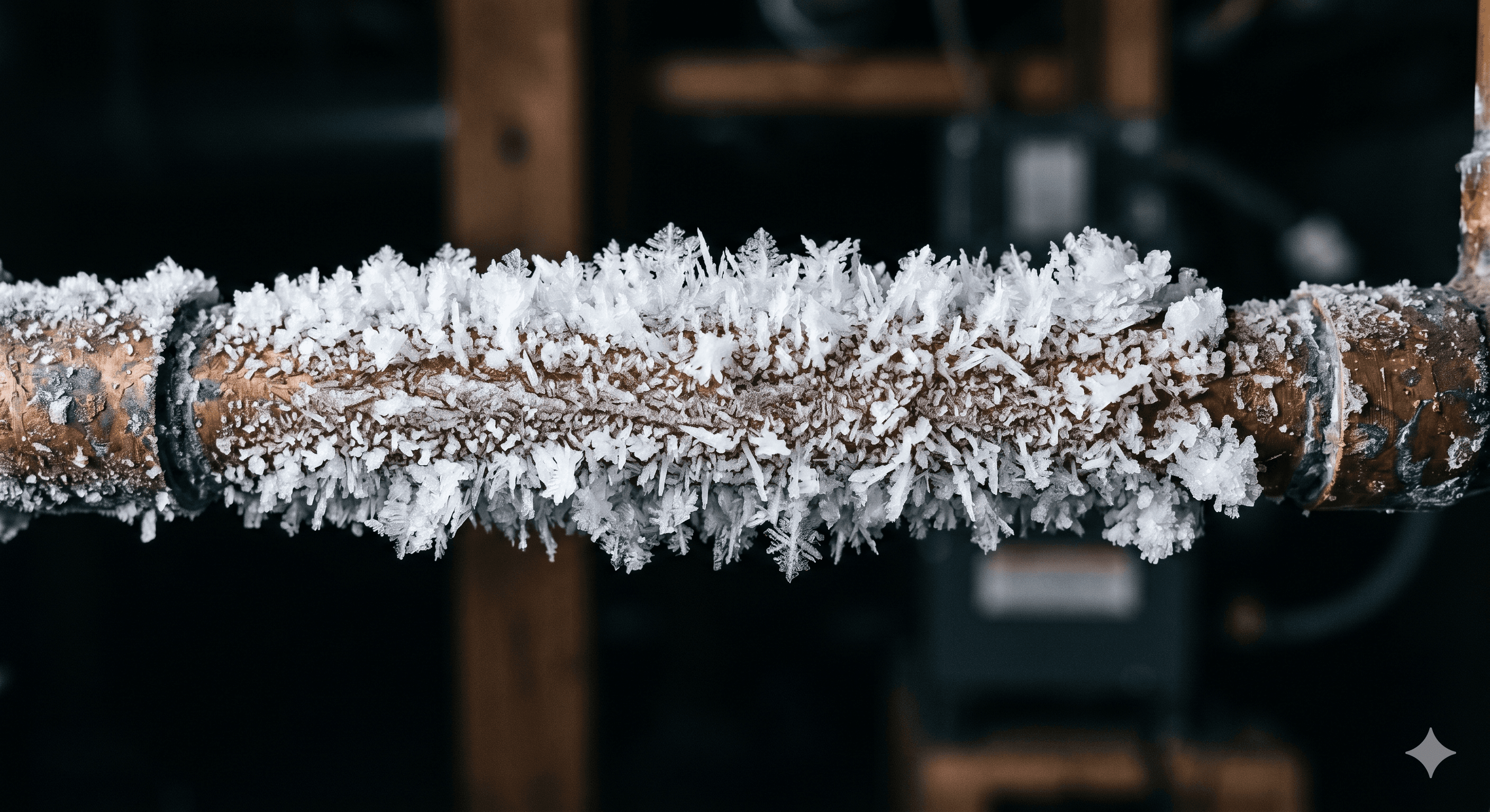 Frozen copper pipe with ice crystals during a West London winter callout by Ryan Heating & Building